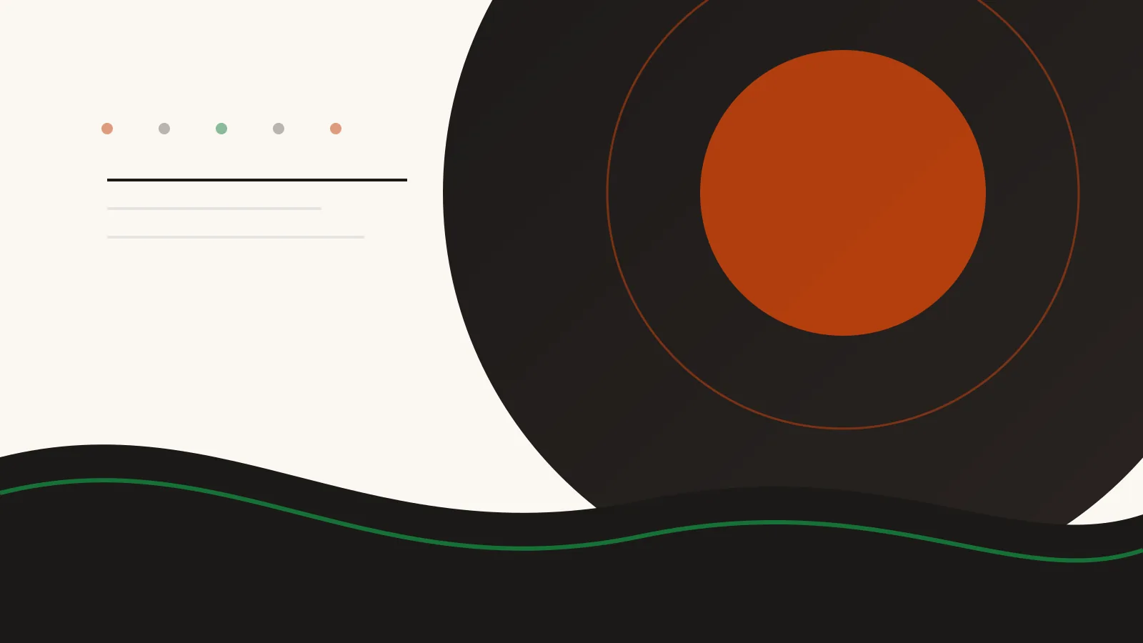 An abstract composition in the Badger Commerce palette — a charcoal disc with a terracotta centre above a dark landform edged in green.